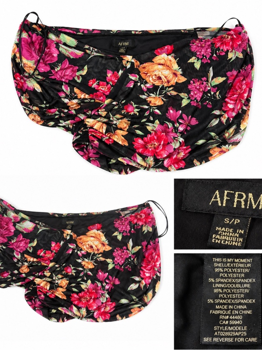 NWT AFRM Fabiola Top Black Floral Mesh Off Shoulder Ruched Stretch Small Revolve - Picture 4 of 4